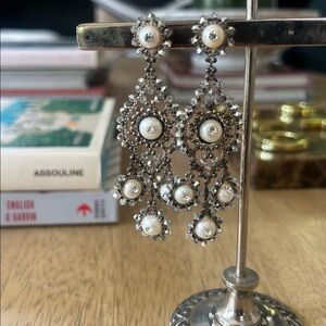 Miguel Ases Pearl & rhodium Chandelier Earrings .  No missing beads. 3.35”